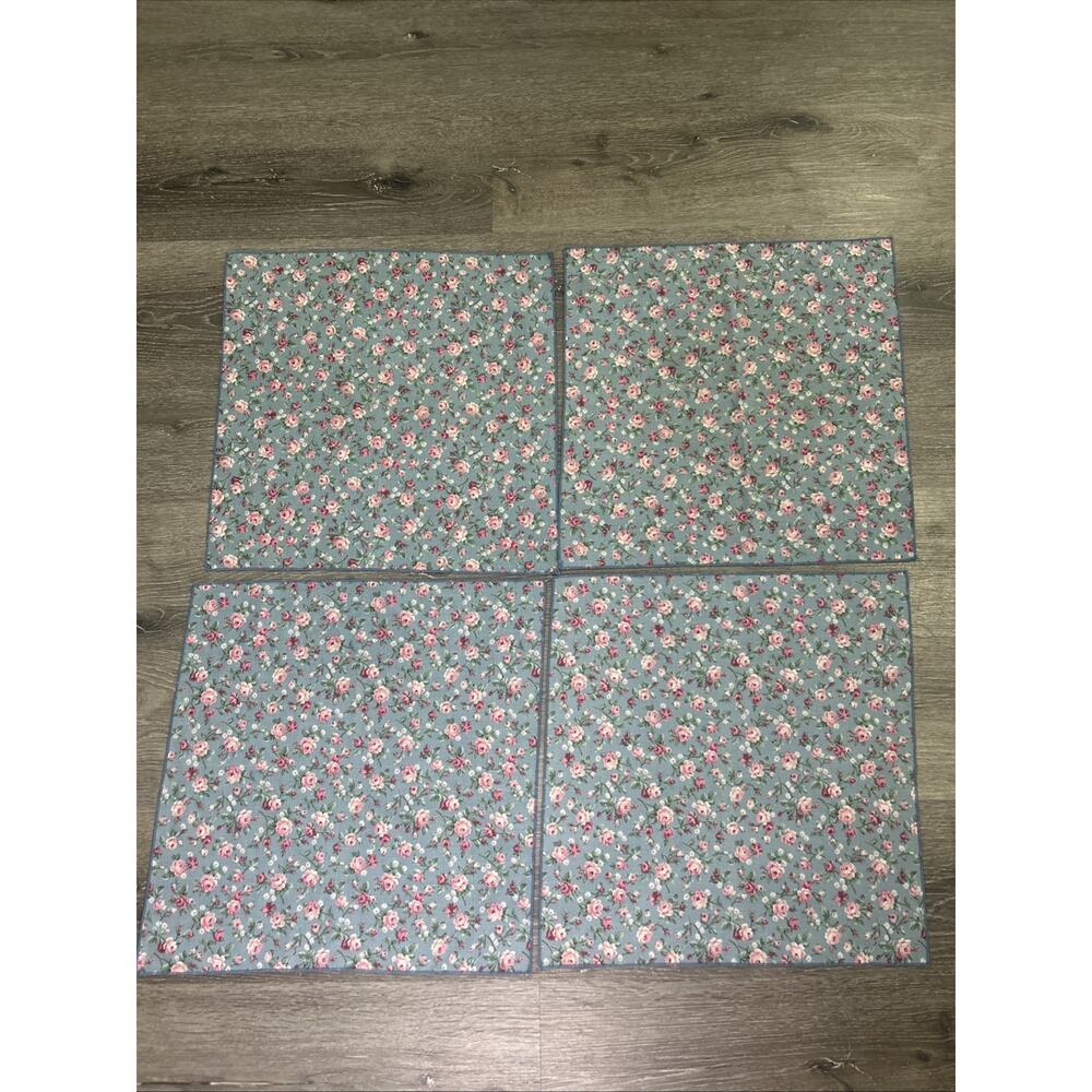 VTG Shabby Chic Floral Cloth Napkins Set of 4 Pink Roses Teal Cotton 17”